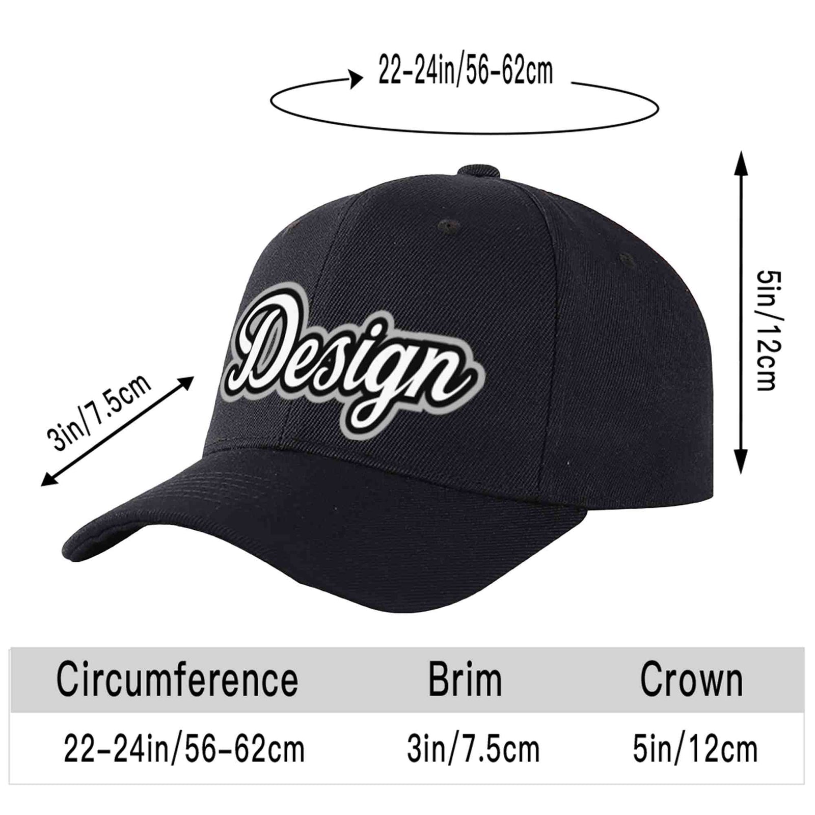 Custom Black White-Black Curved Eaves Sport Design Baseball Cap