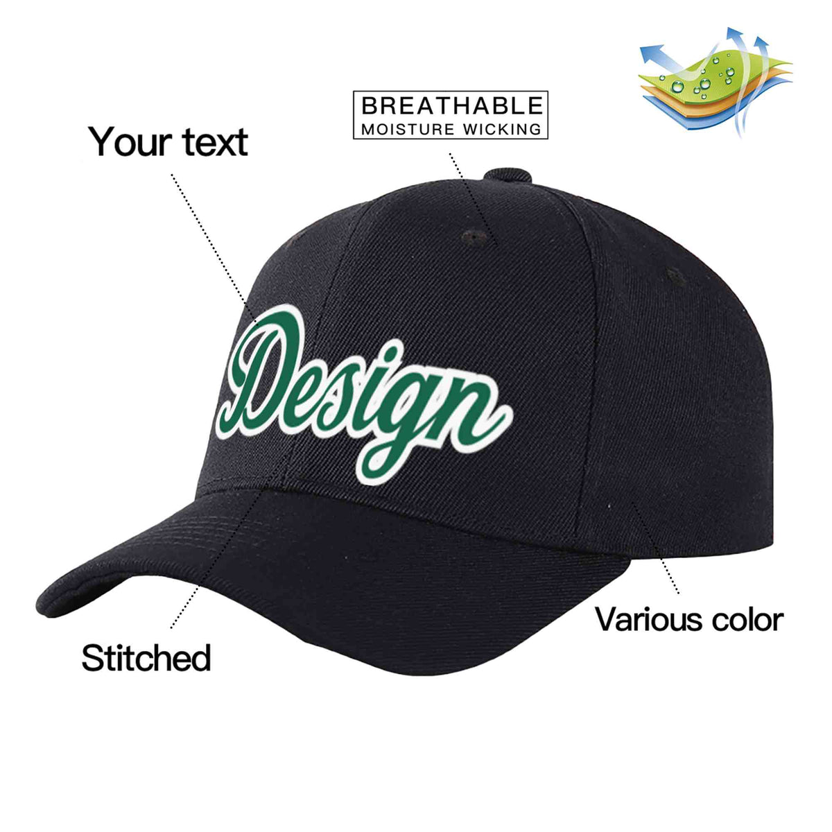 Custom Black Kelly Green-White Curved Eaves Sport Design Baseball Cap