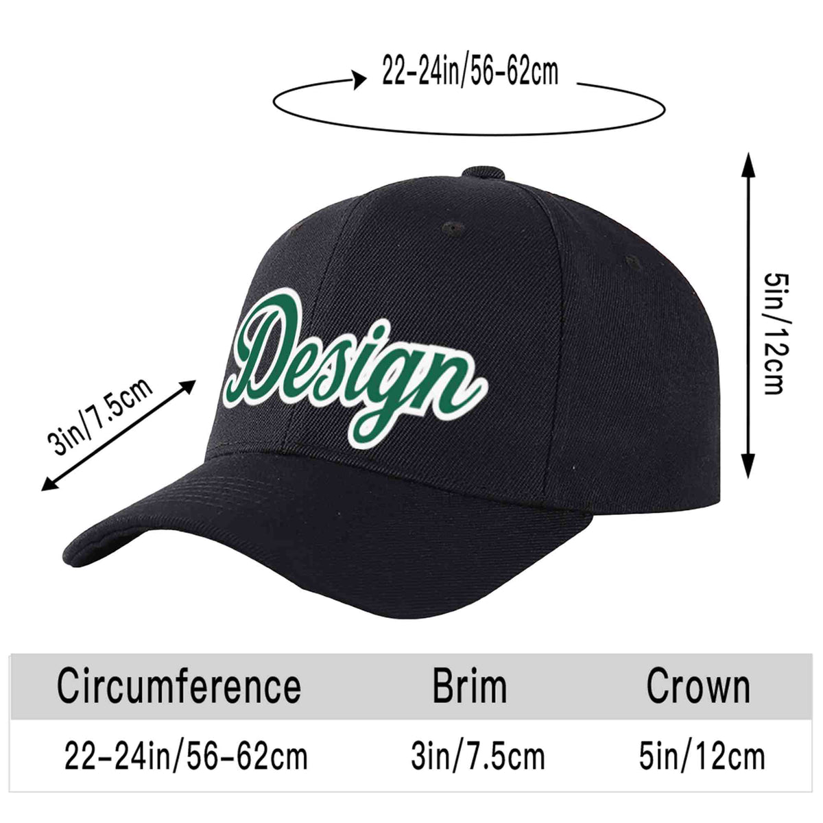 Custom Black Kelly Green-White Curved Eaves Sport Design Baseball Cap