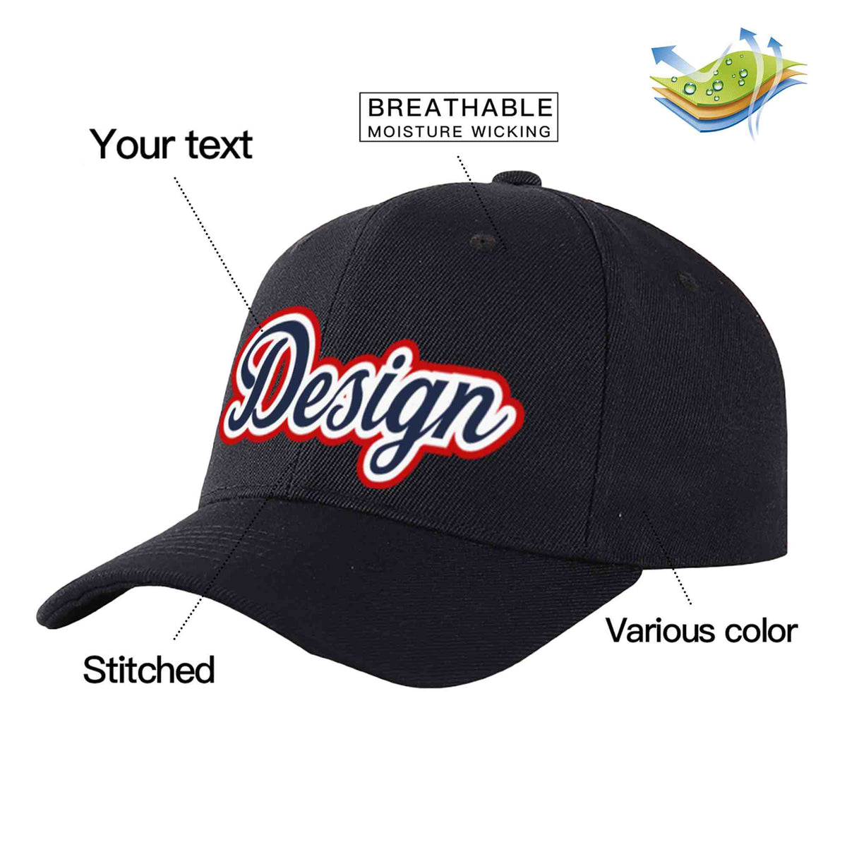 Custom Black Navy-White Curved Eaves Sport Design Baseball Cap