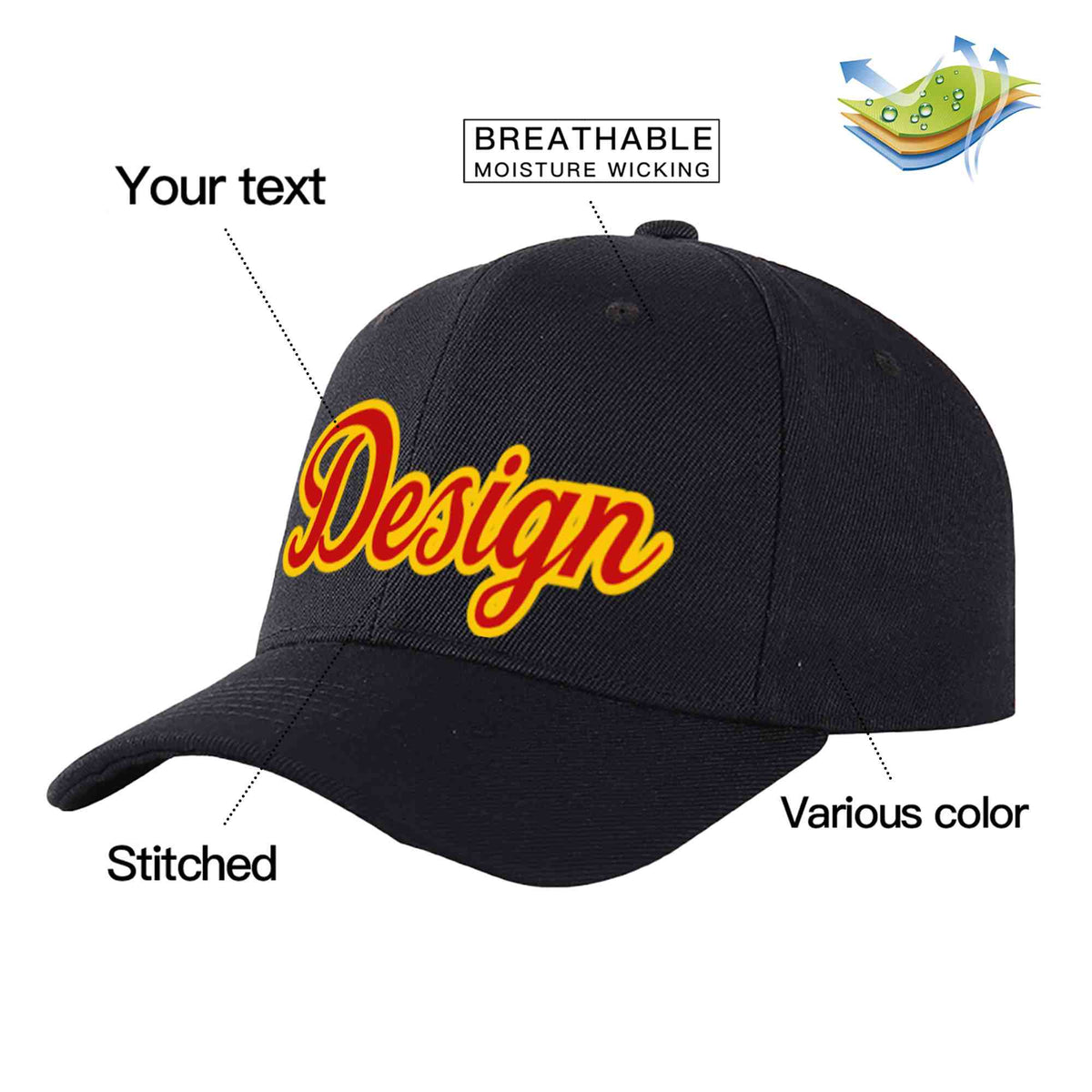 Custom Black Red-Yellow Curved Eaves Sport Design Baseball Cap