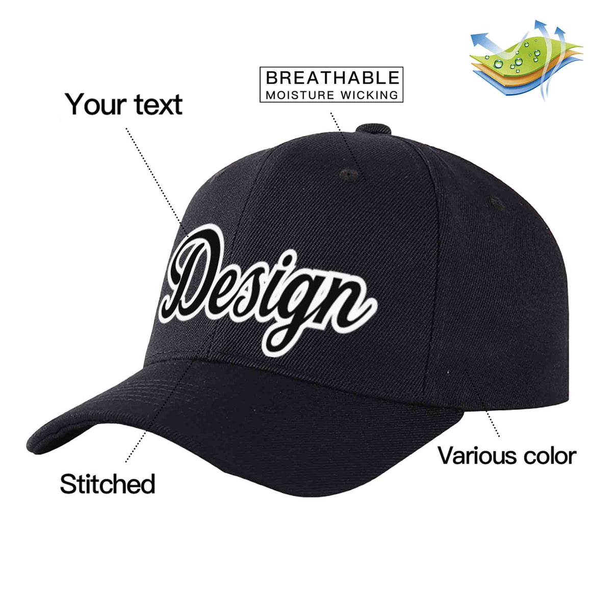Custom Black Black-White Curved Eaves Sport Design Baseball Cap