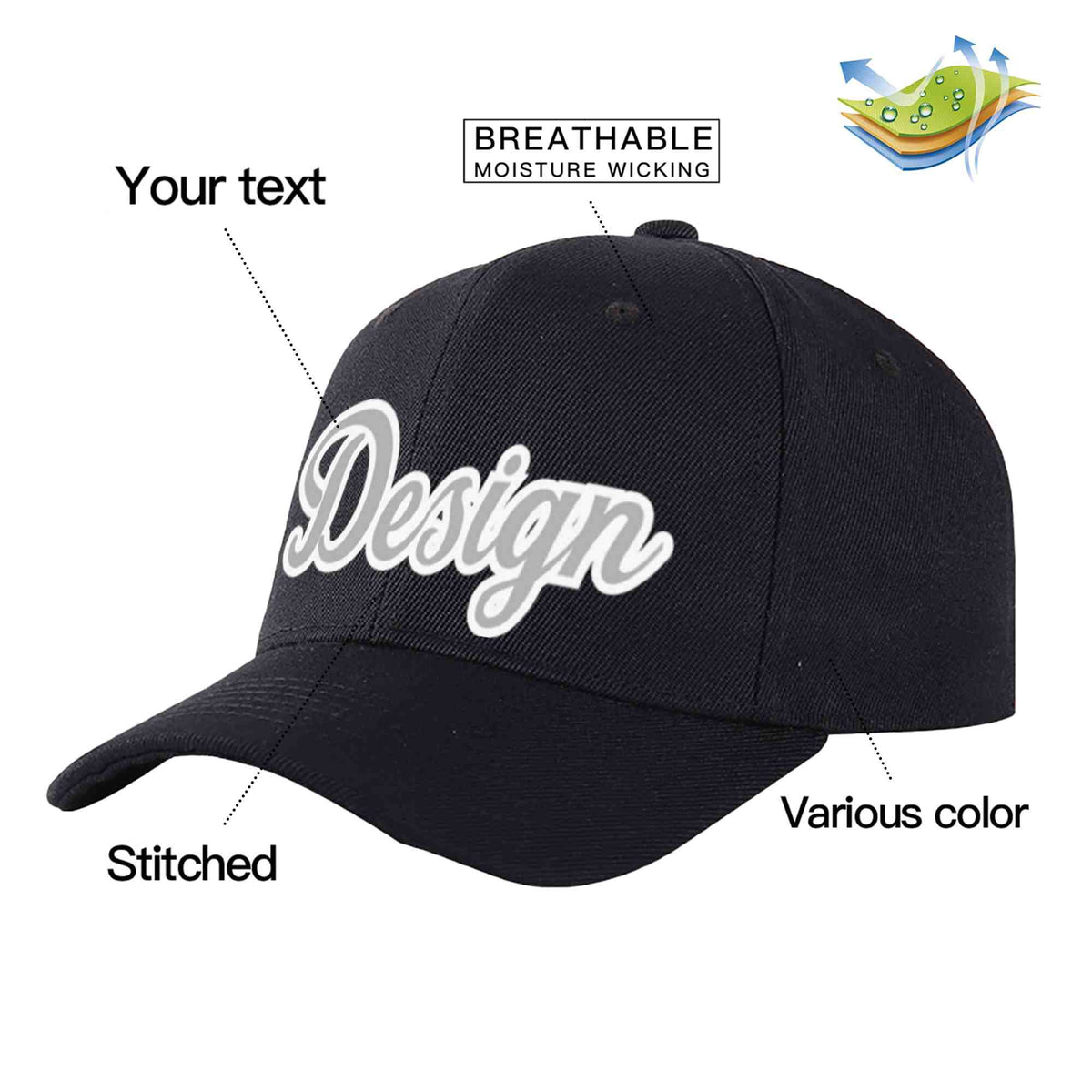 Custom Black Gray-White Curved Eaves Sport Design Baseball Cap