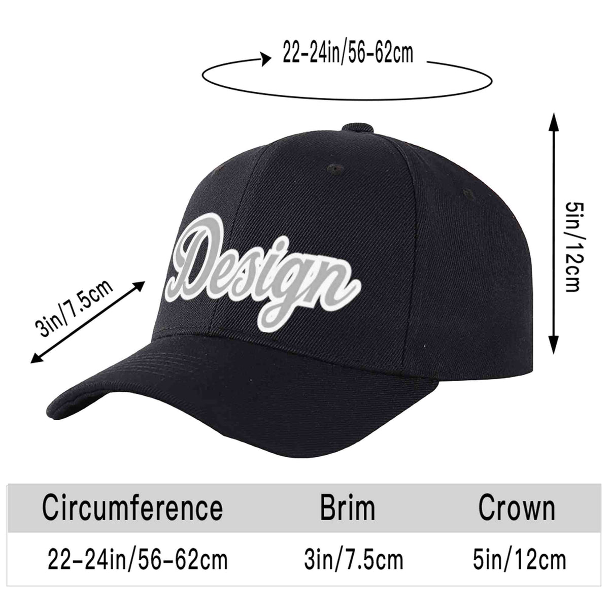 Custom Black Gray-White Curved Eaves Sport Design Baseball Cap