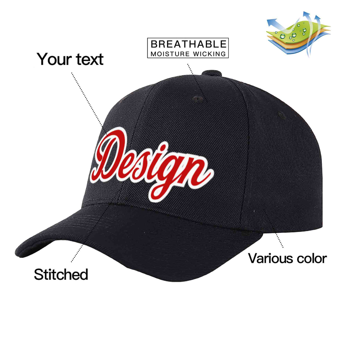 Custom Black Red-White Curved Eaves Sport Design Baseball Cap