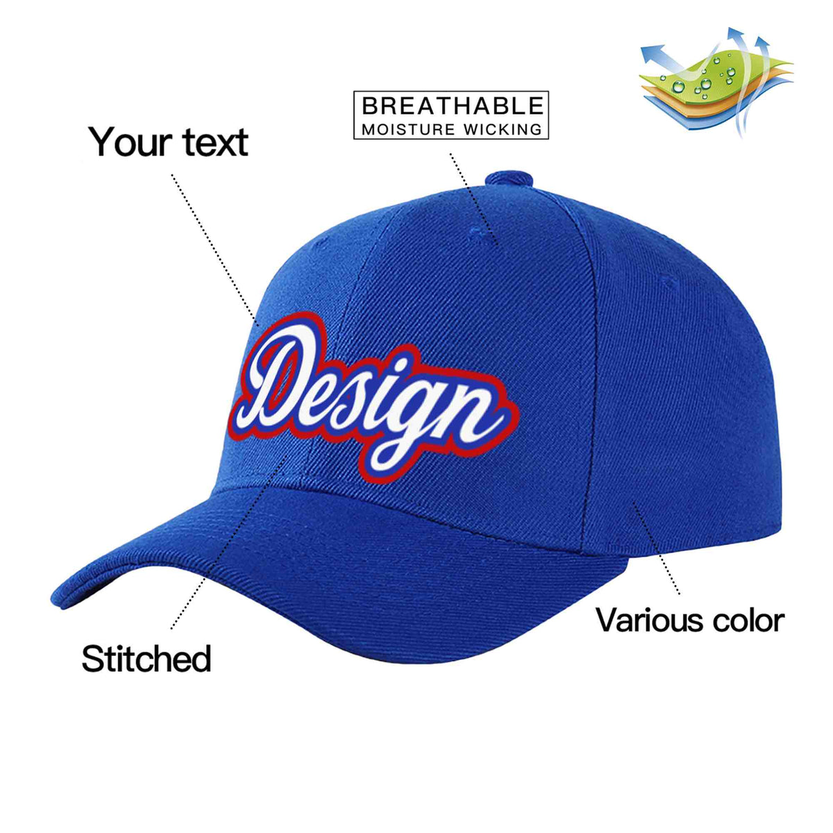 Custom Royal White-Royal Curved Eaves Sport Design Baseball Cap
