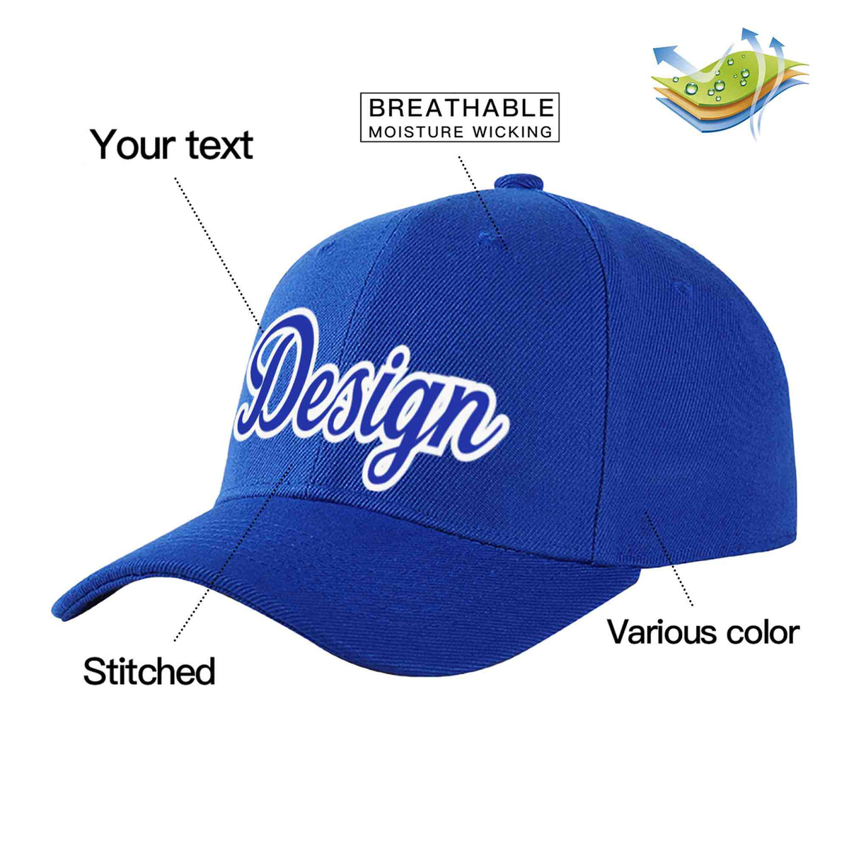 Custom Royal Royal-White Curved Eaves Sport Design Baseball Cap