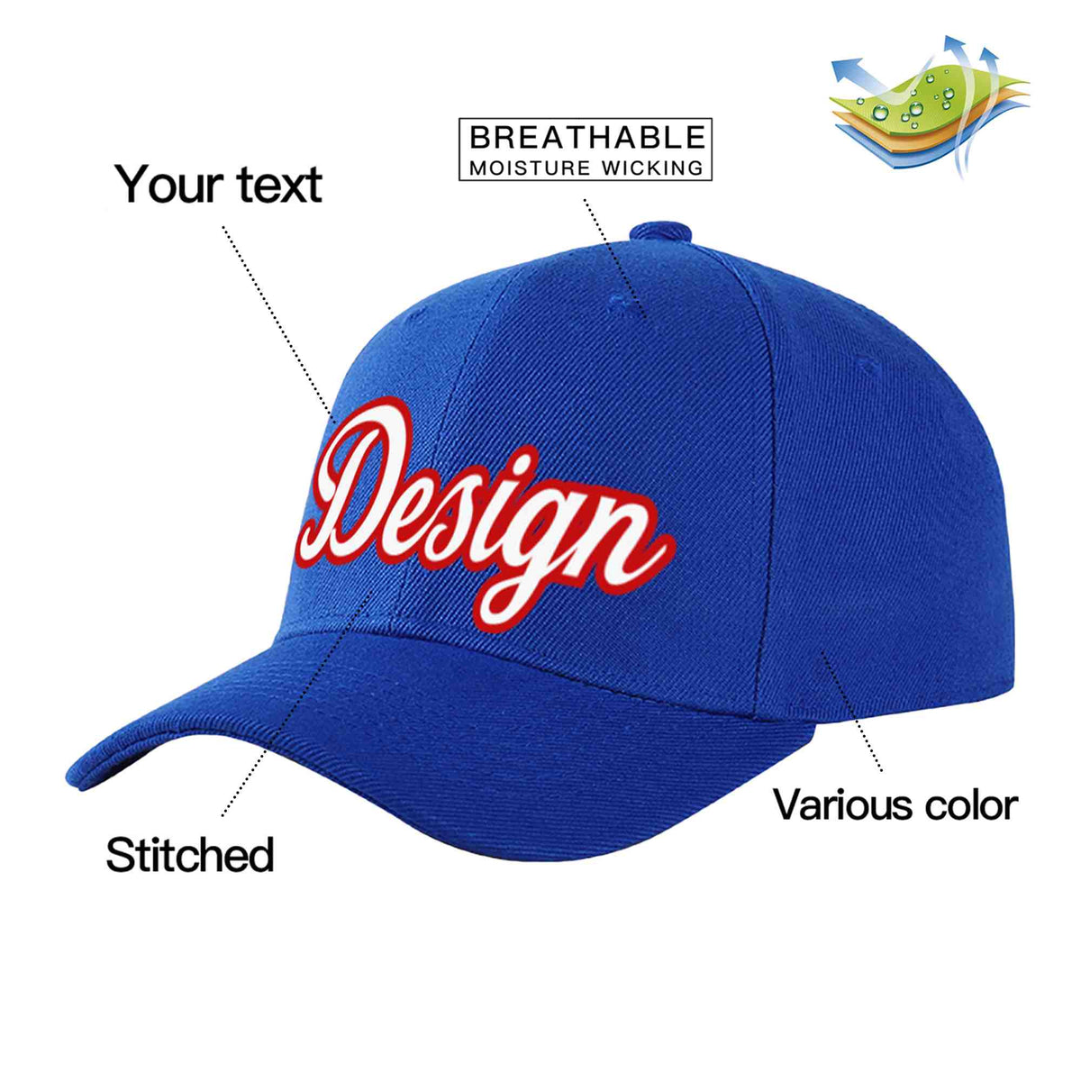 Custom Royal White-Red Curved Eaves Sport Design Baseball Cap