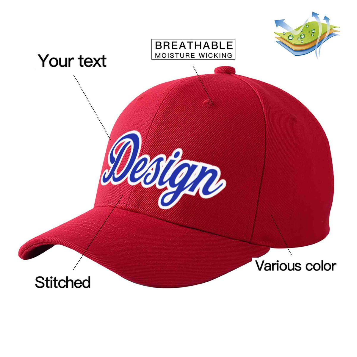 Custom Red Royal-White Curved Eaves Sport Design Baseball Cap