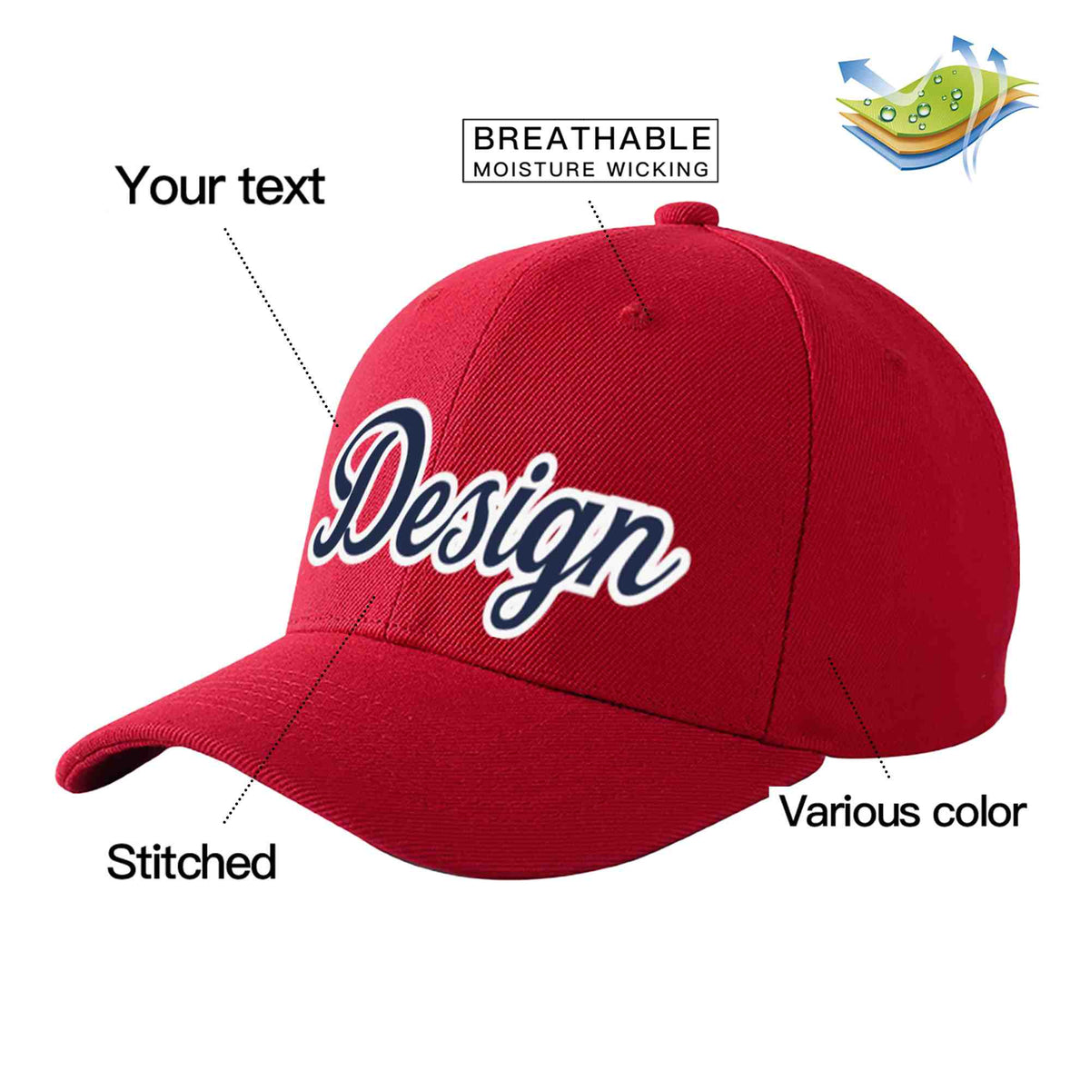 Custom Red Navy-White Curved Eaves Sport Design Baseball Cap