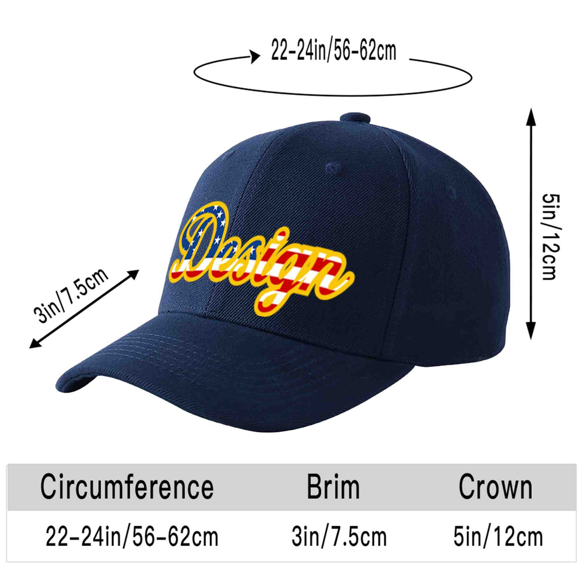 Custom Navy Vintage USA Flag-Gold Curved Eaves Sport Design Baseball Cap
