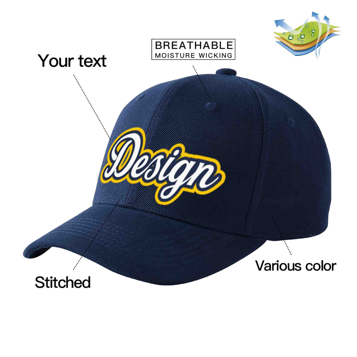 Custom Navy White-Navy Curved Eaves Sport Design Baseball Cap