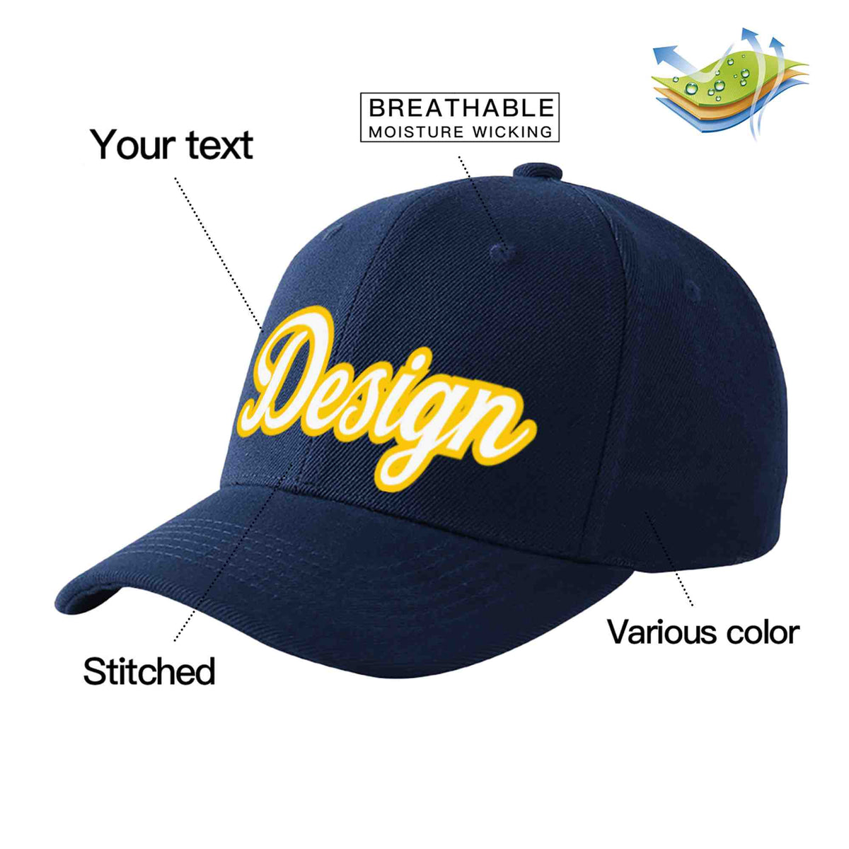 Custom Navy White-Gold Curved Eaves Sport Design Baseball Cap