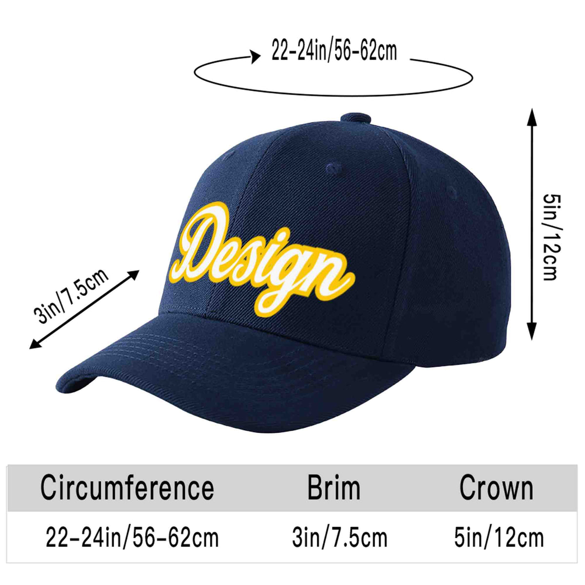 Custom Navy White-Gold Curved Eaves Sport Design Baseball Cap