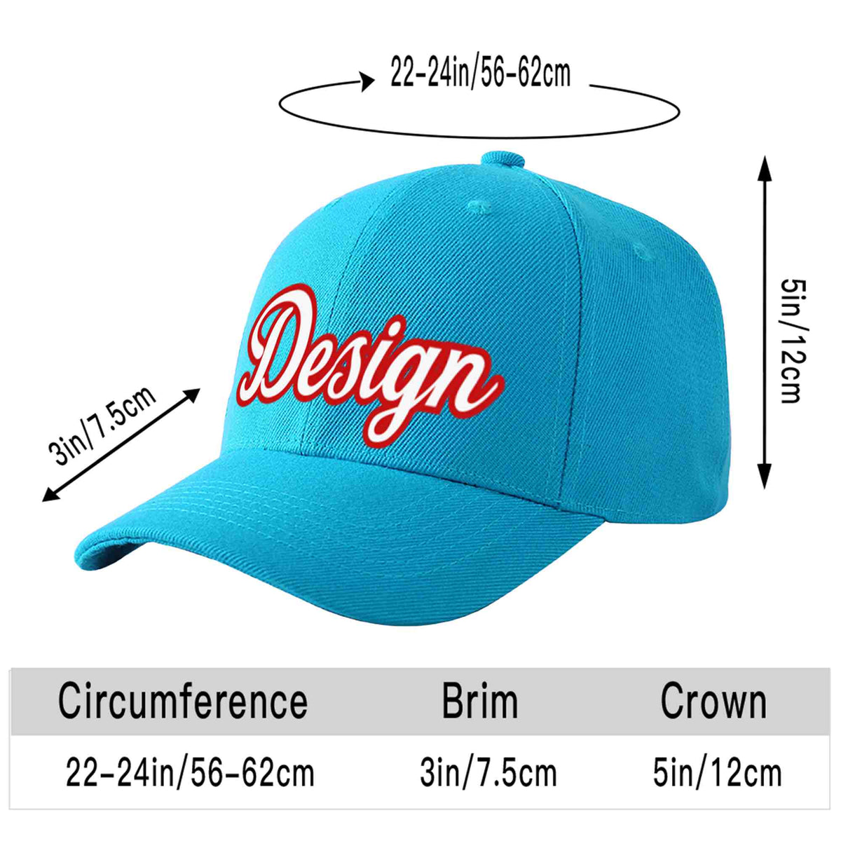 Custom Aqua White-Red Curved Eaves Sport Design Baseball Cap