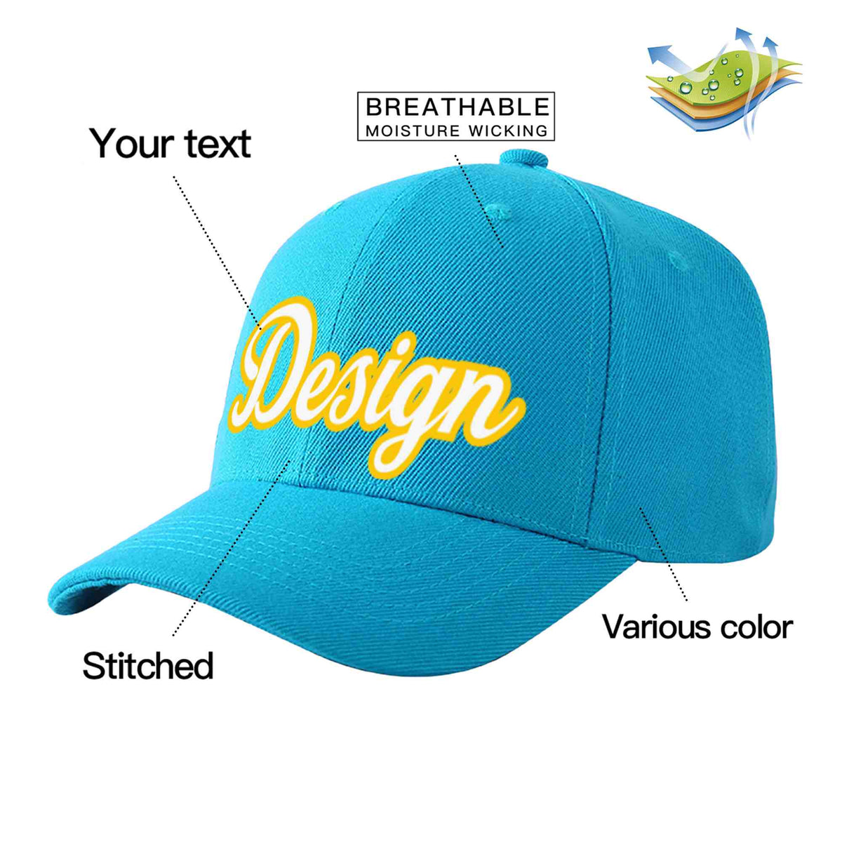 Custom Aqua White-Gold Curved Eaves Sport Design Baseball Cap