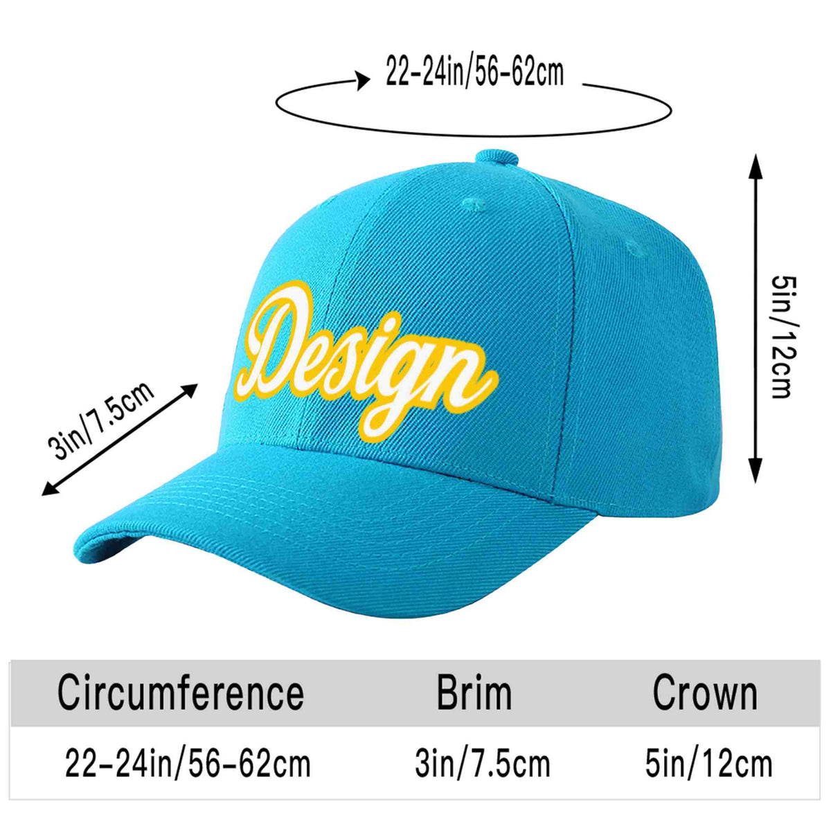 Custom Aqua White-Gold Curved Eaves Sport Design Baseball Cap