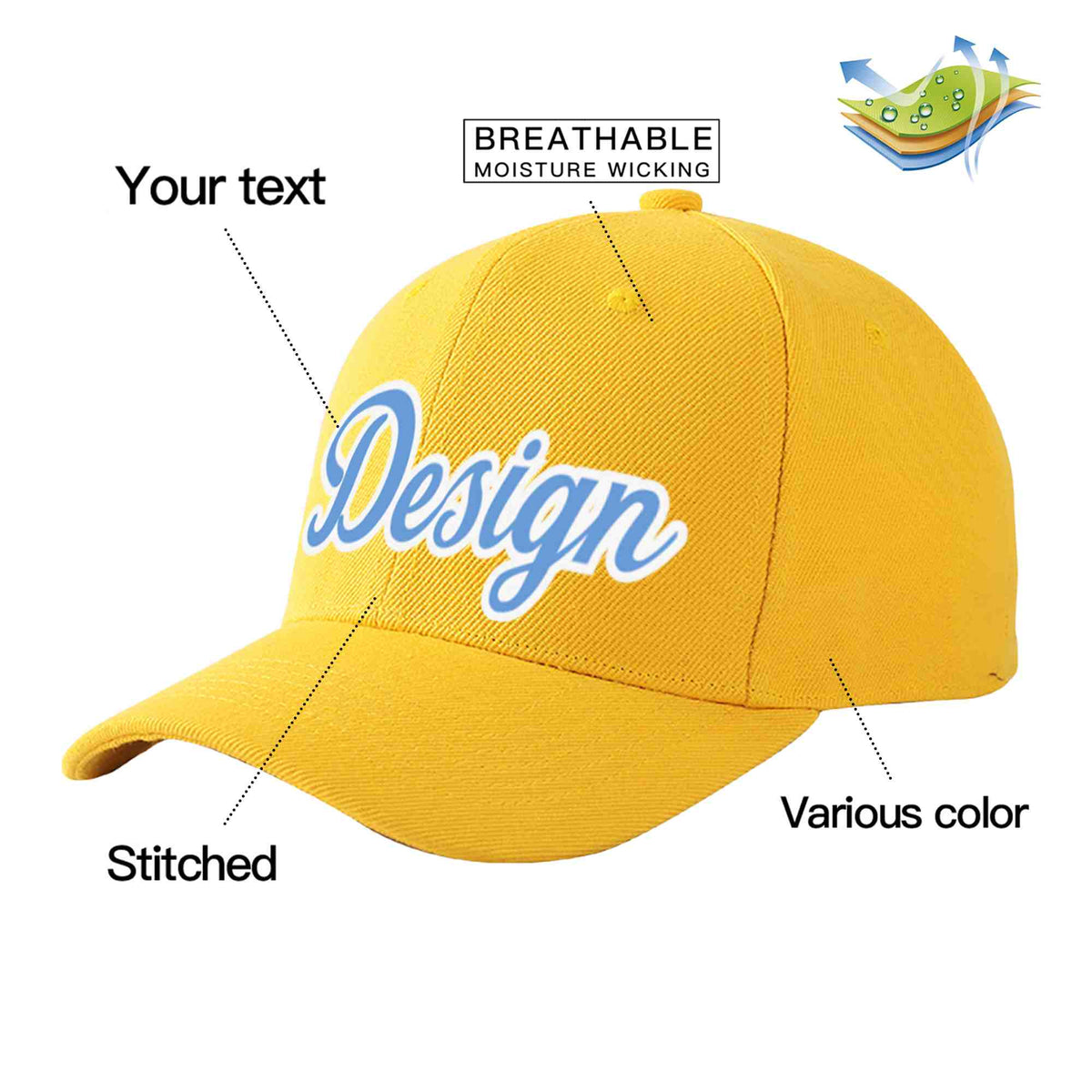 Custom Gold Light Blue-White Curved Eaves Sport Design Baseball Cap