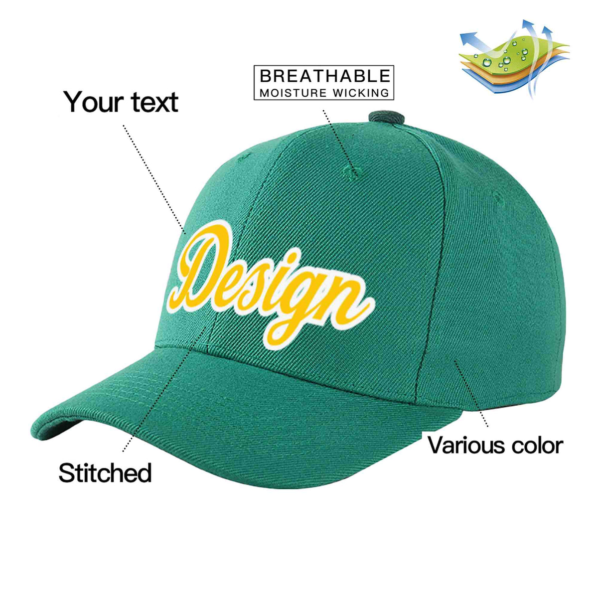 Custom Light Green Gold-White Curved Eaves Sport Design Baseball Cap