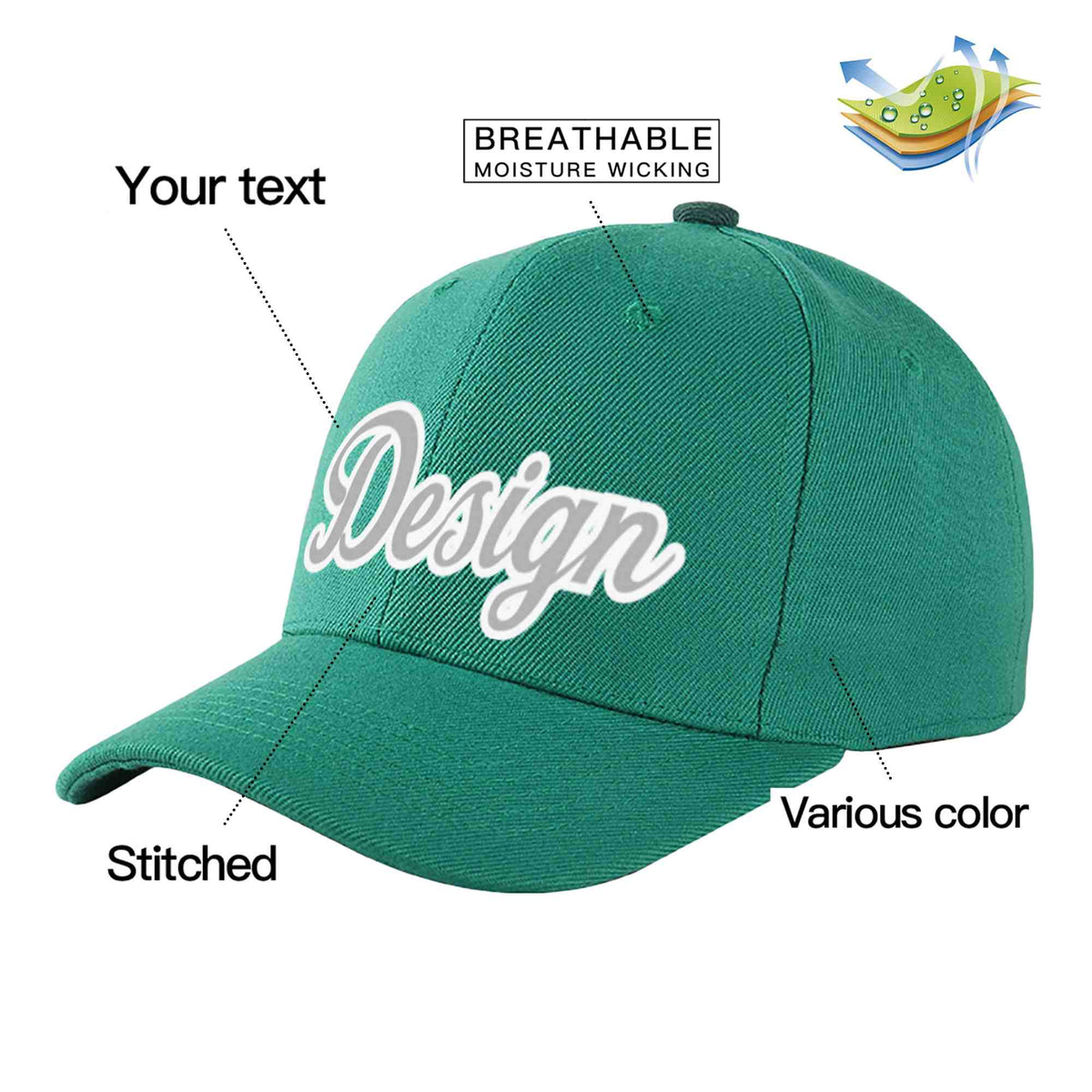 Custom Light Green White-Gray Curved Eaves Sport Design Baseball Cap