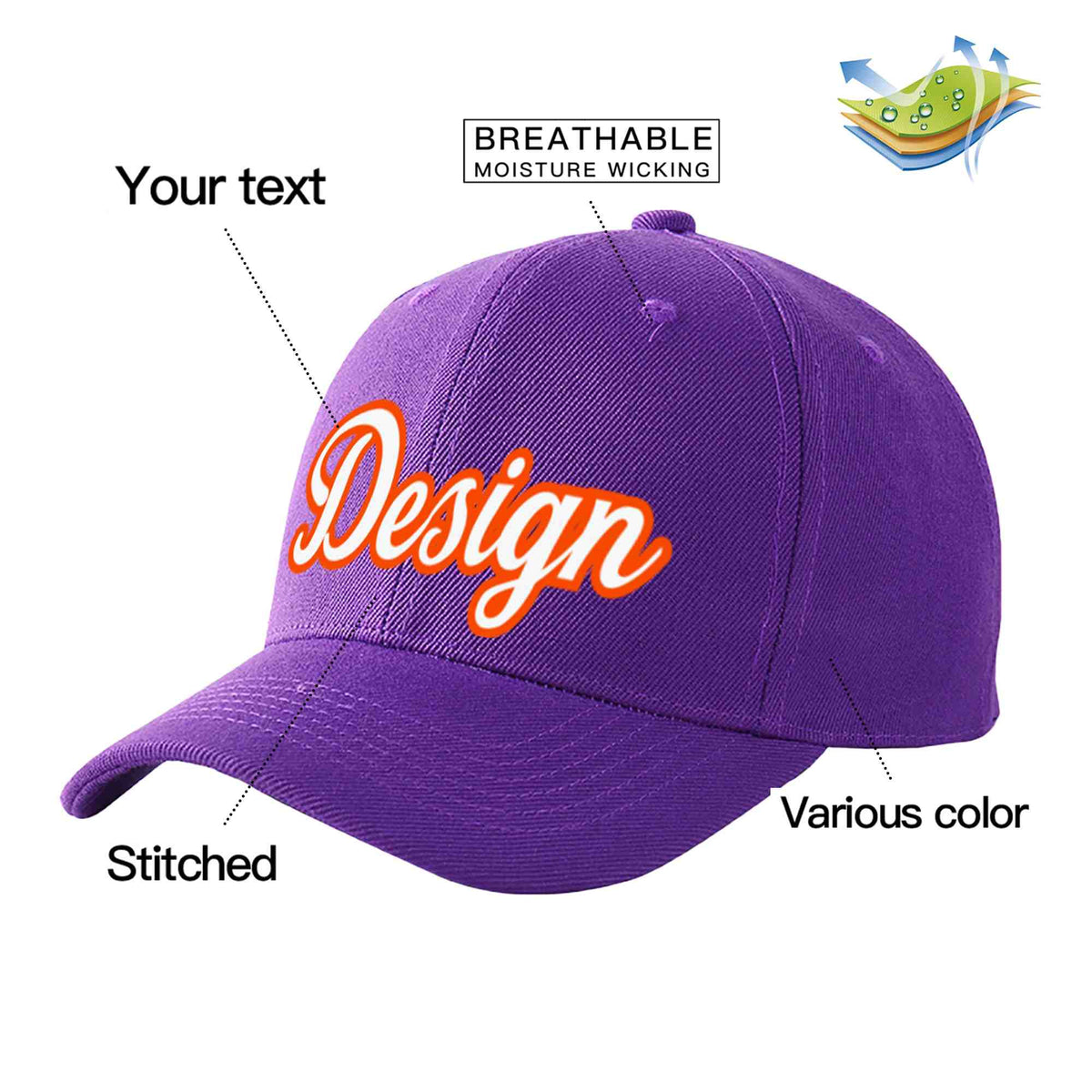 Custom Purple White-Orange Curved Eaves Sport Design Baseball Cap