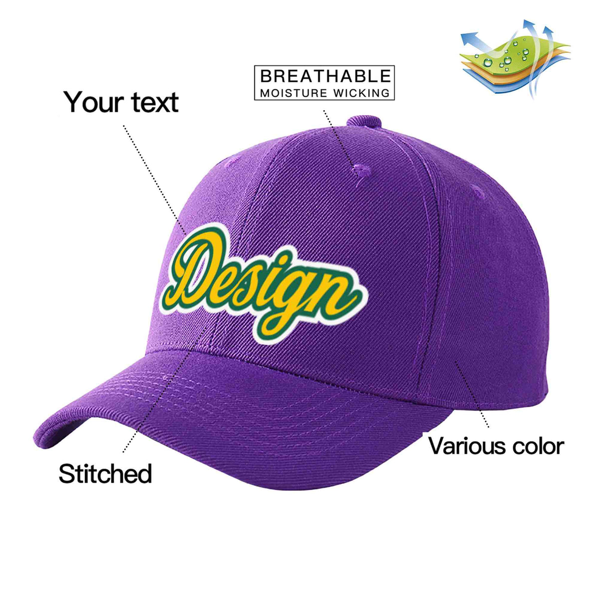 Custom Purple Gold-Kelly Green Curved Eaves Sport Design Baseball Cap