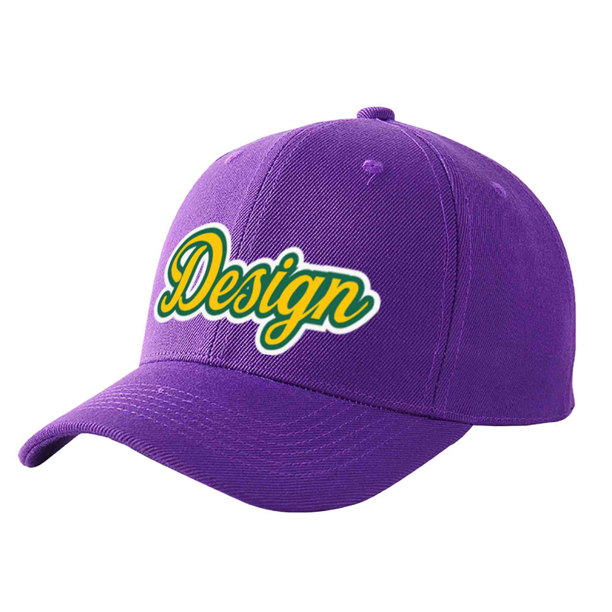 Custom Purple Gold-Kelly Green Curved Eaves Sport Design Baseball Cap