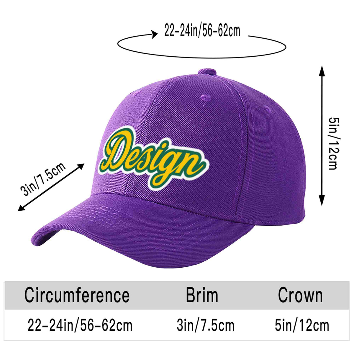 Custom Purple Gold-Kelly Green Curved Eaves Sport Design Baseball Cap