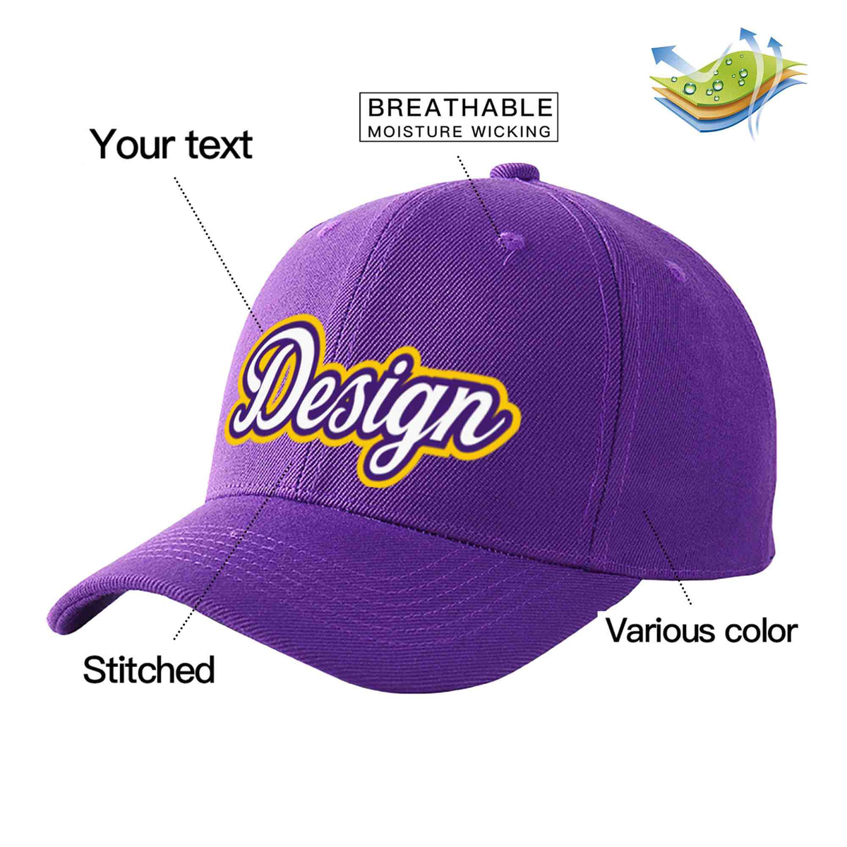 Custom Purple White-Purple Curved Eaves Sport Design Baseball Cap