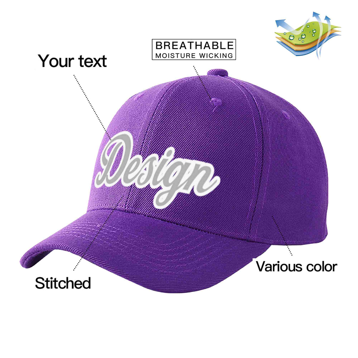 Custom Purple Gray-White Curved Eaves Sport Design Baseball Cap