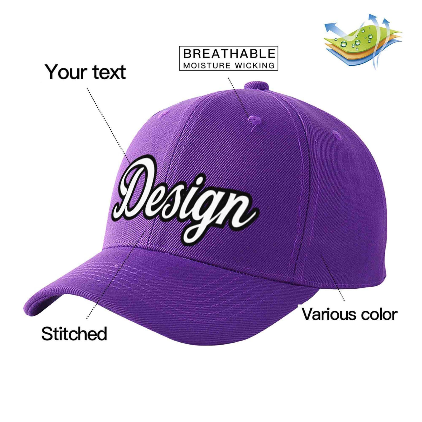 Custom Purple White-Black Curved Eaves Sport Design Baseball Cap