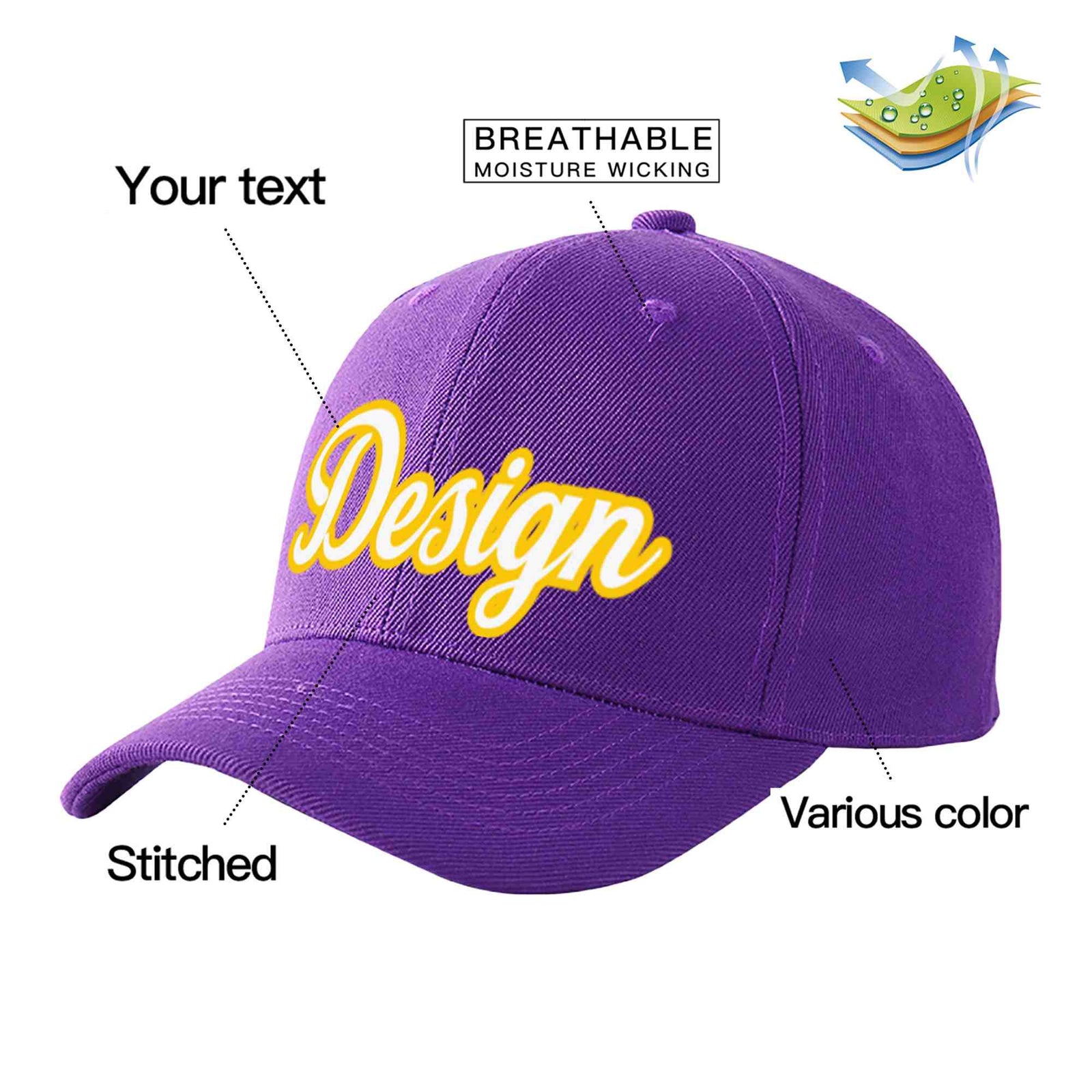 Custom Purple White-Gold Curved Eaves Sport Design Baseball Cap