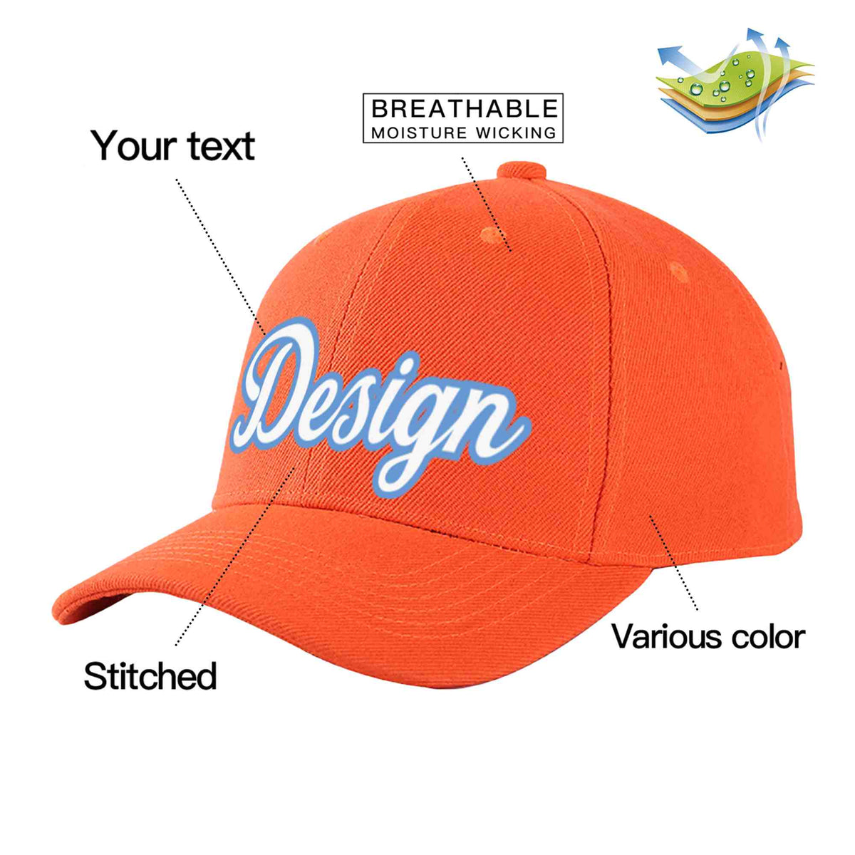 Custom Tangerine White-Light Blue Curved Eaves Sport Design Baseball Cap