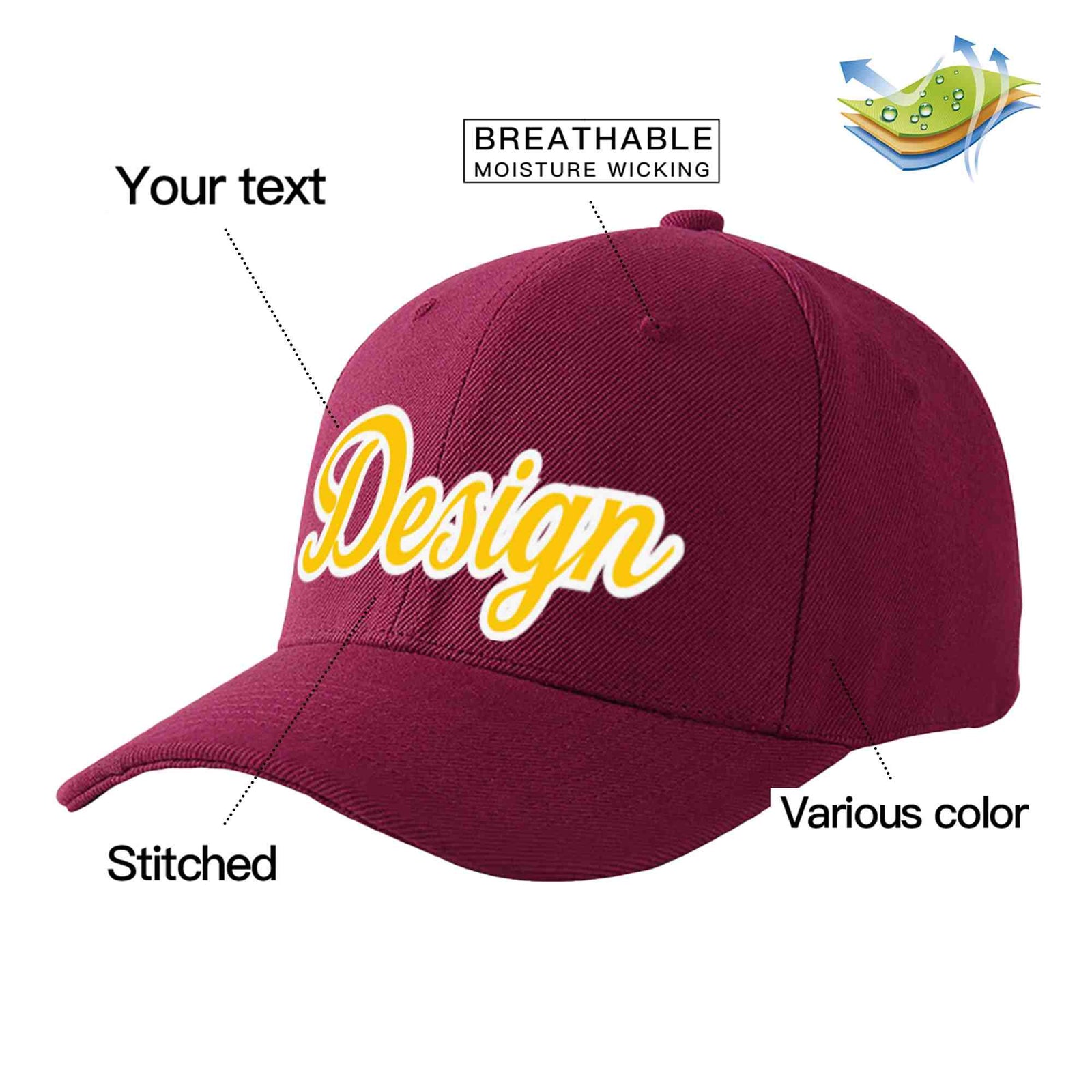 Custom Red Wine Gold-White Curved Eaves Sport Design Baseball Cap