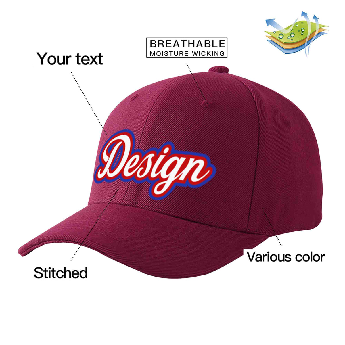 Custom Red Wine White-Red Curved Eaves Sport Design Baseball Cap