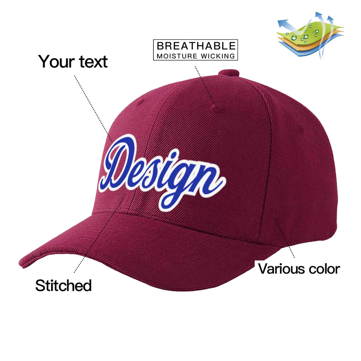 Custom Red Wine Royal-White Curved Eaves Sport Design Baseball Cap