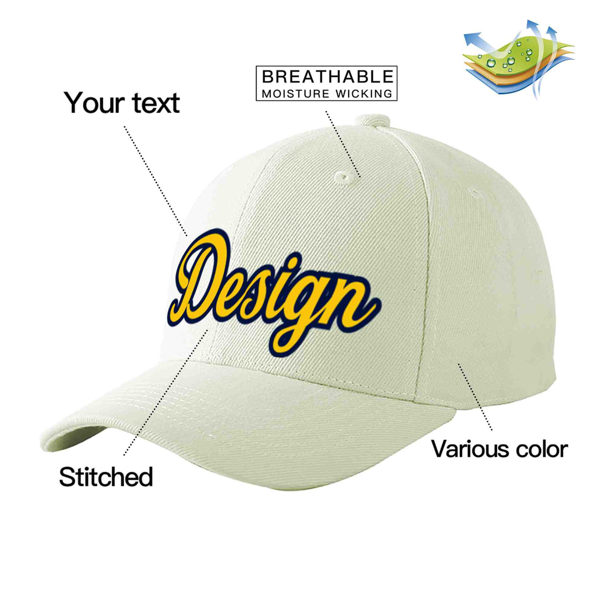 Custom Cream Gold-Navy Curved Eaves Sport Design Baseball Cap