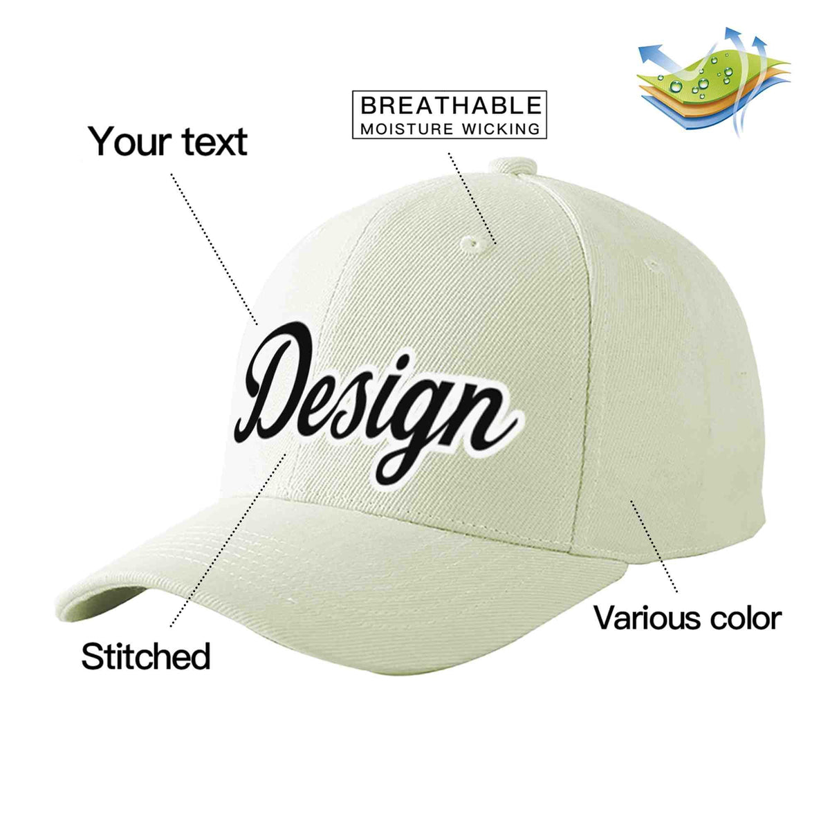 Custom Cream Black-White Curved Eaves Sport Design Baseball Cap