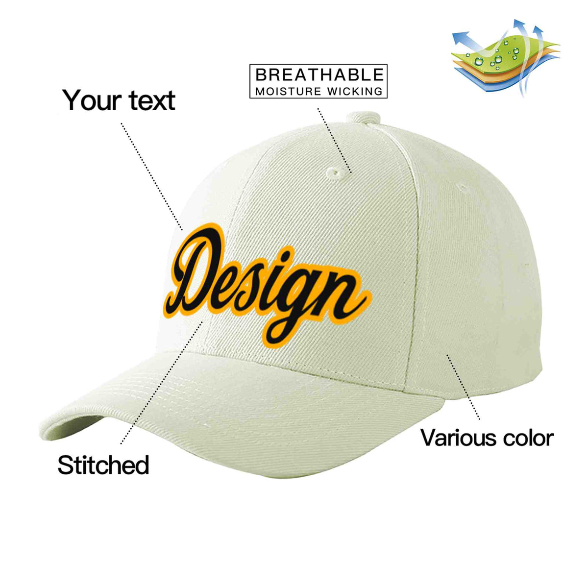 Custom Cream Black-Yellow Curved Eaves Sport Design Baseball Cap