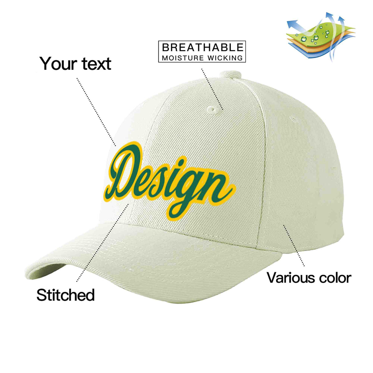 Custom Cream Kelly Green-Gold Curved Eaves Sport Design Baseball Cap