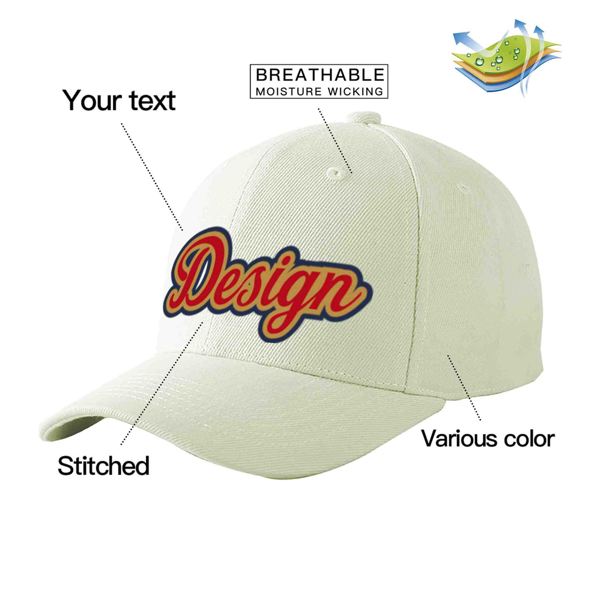 Custom Cream Red-Old Gold Curved Eaves Sport Design Baseball Cap