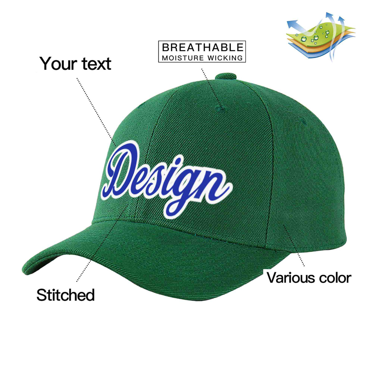 Custom Green Royal-White Curved Eaves Sport Design Baseball Cap