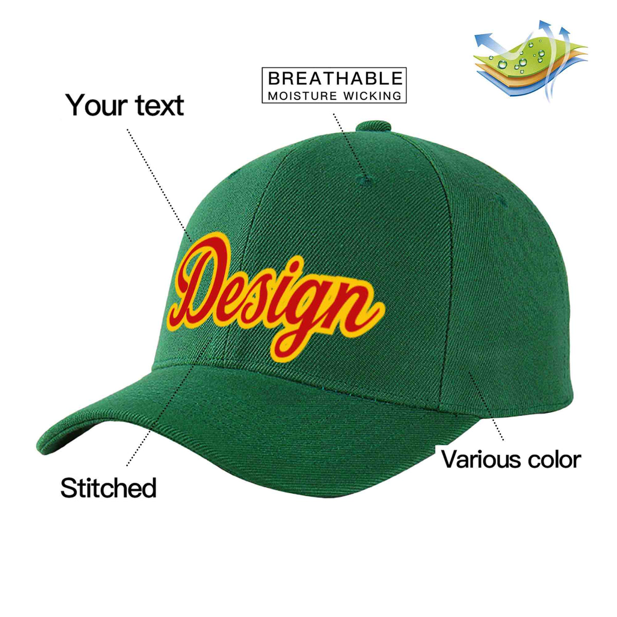Custom Green Red-Yellow Curved Eaves Sport Design Baseball Cap