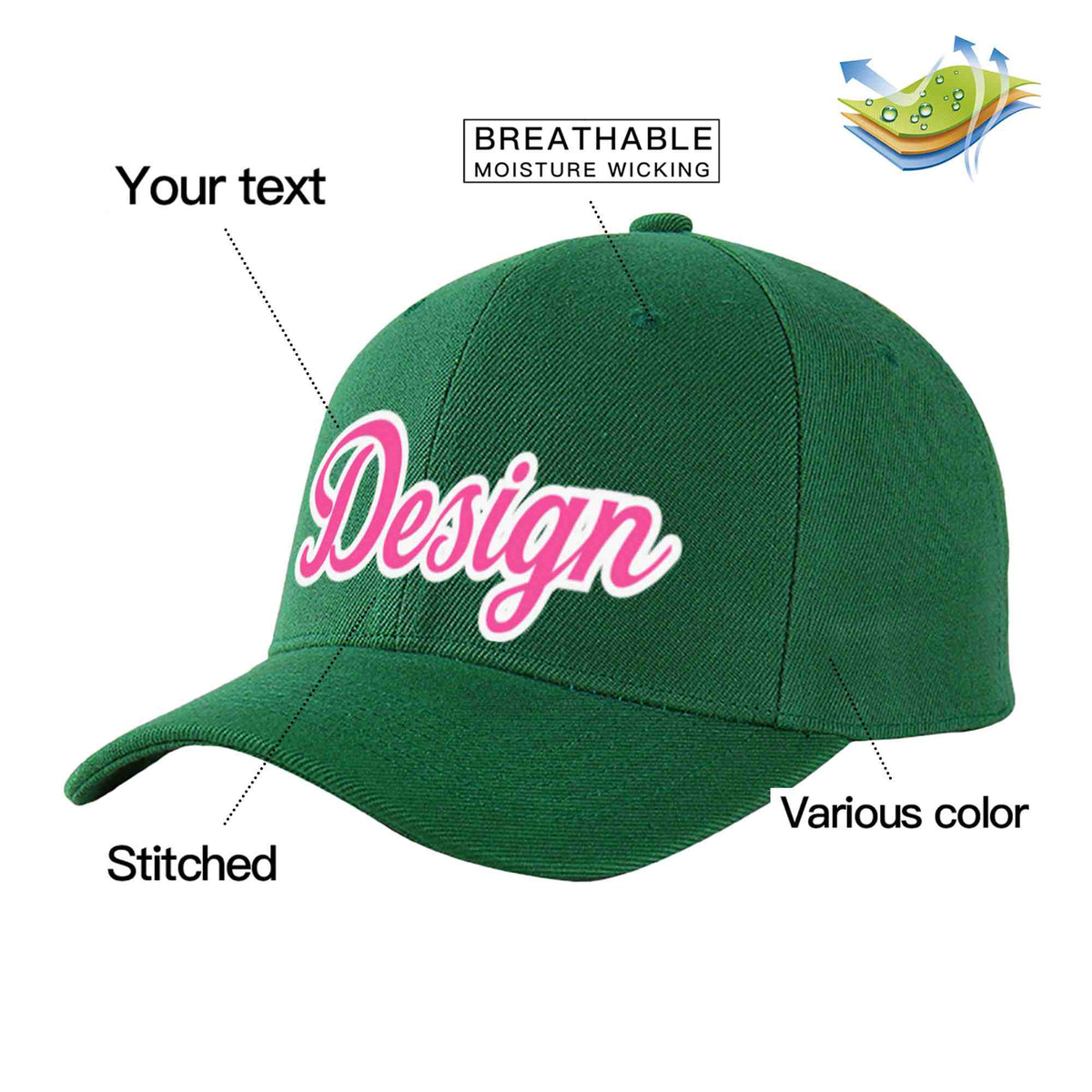 Custom Green Pink-White Curved Eaves Sport Design Baseball Cap