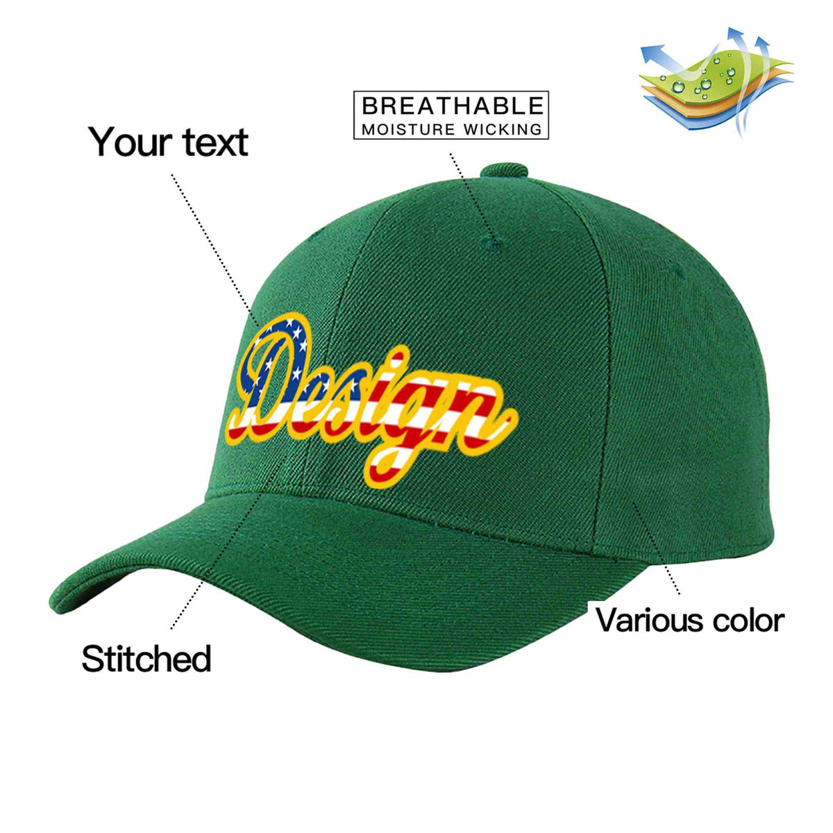 Custom Green Vintage USA Flag-Gold Curved Eaves Sport Design Baseball Cap