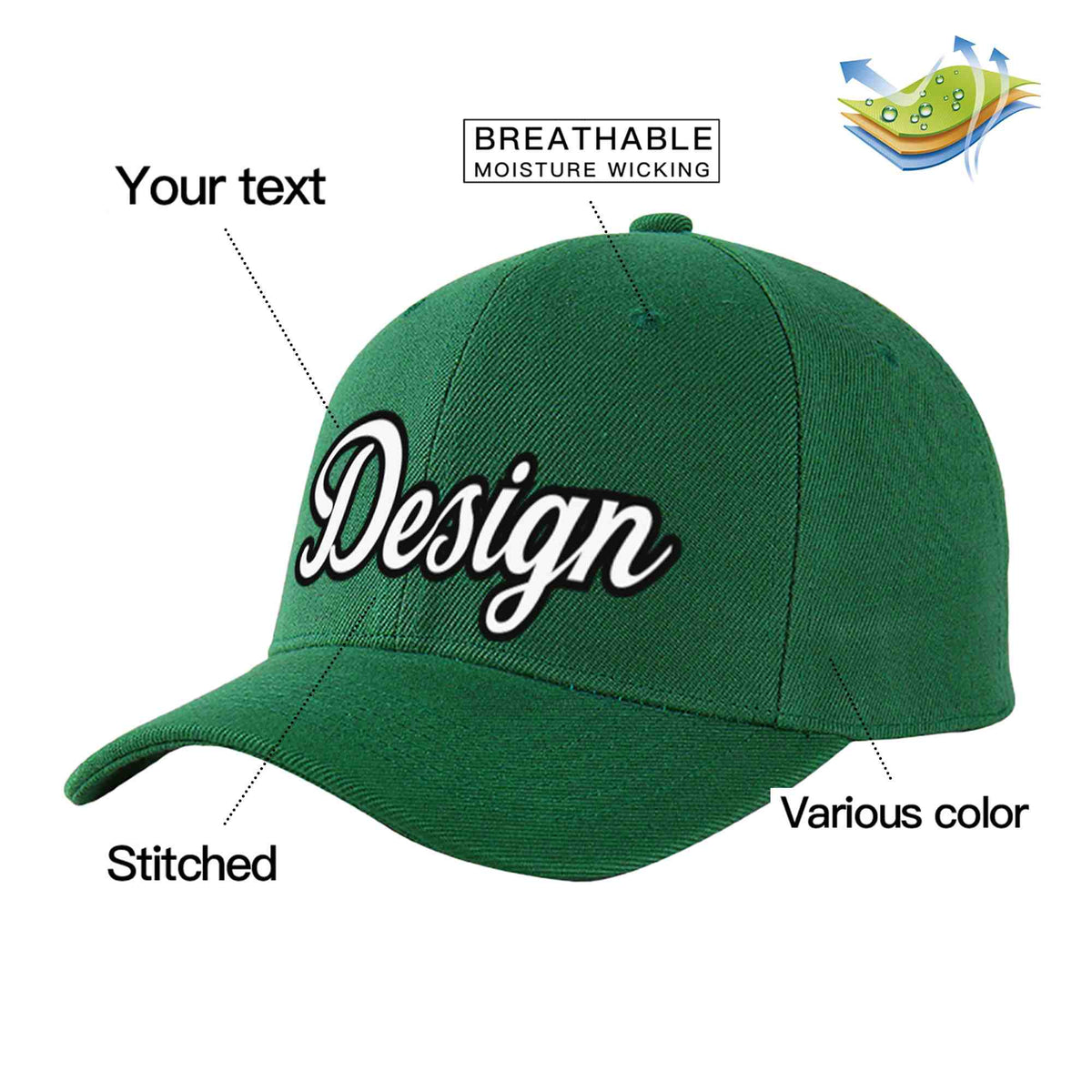 Custom Green White-Black Curved Eaves Sport Design Baseball Cap