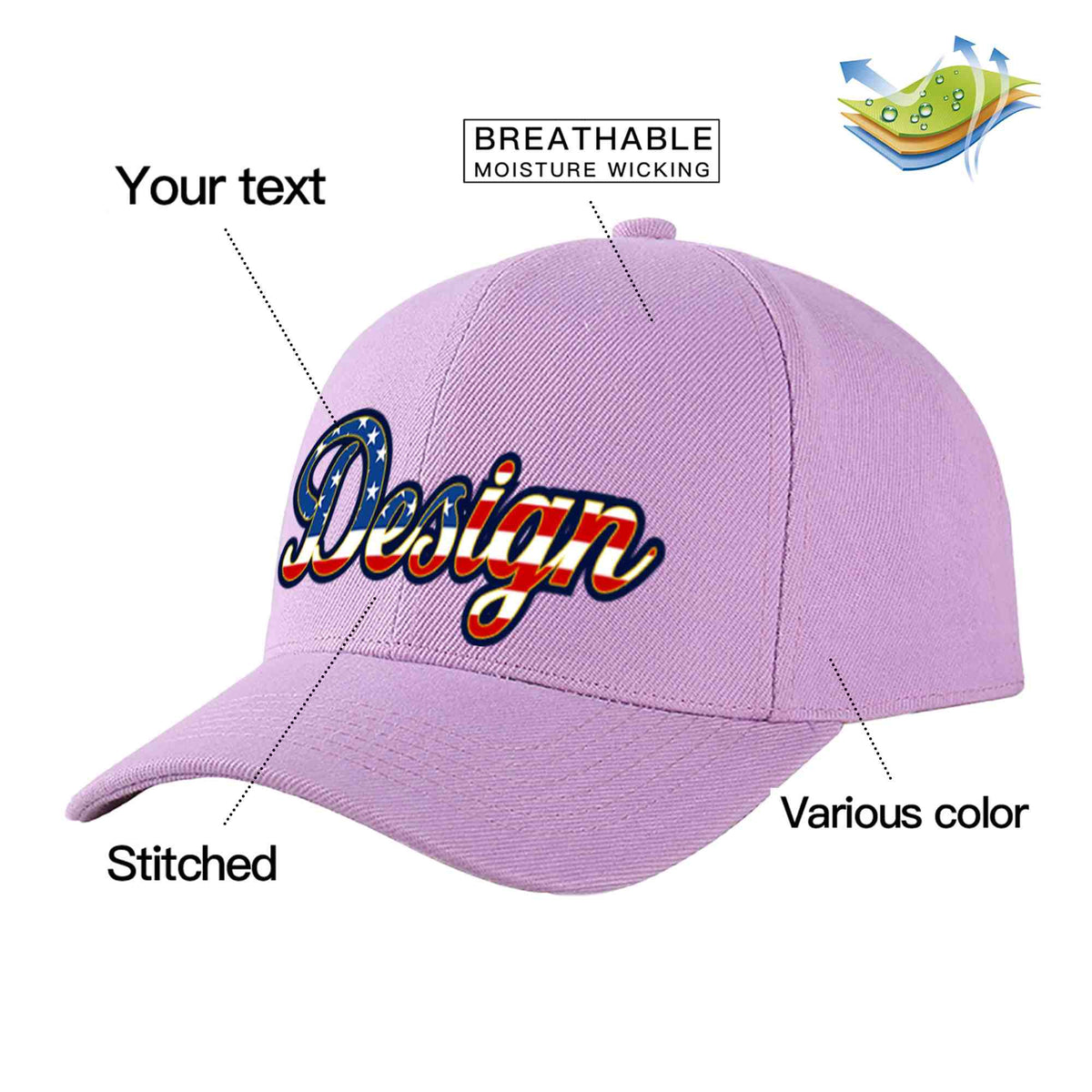 Custom Light Purple Vintage USA Flag-Gold Curved Eaves Sport Design Baseball Cap