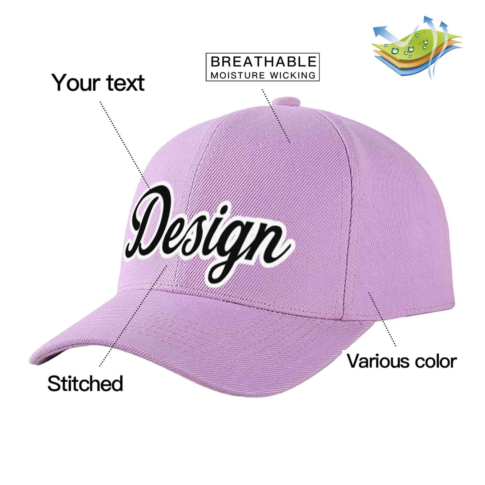 Custom Light Purple Black-White Curved Eaves Sport Design Baseball Cap