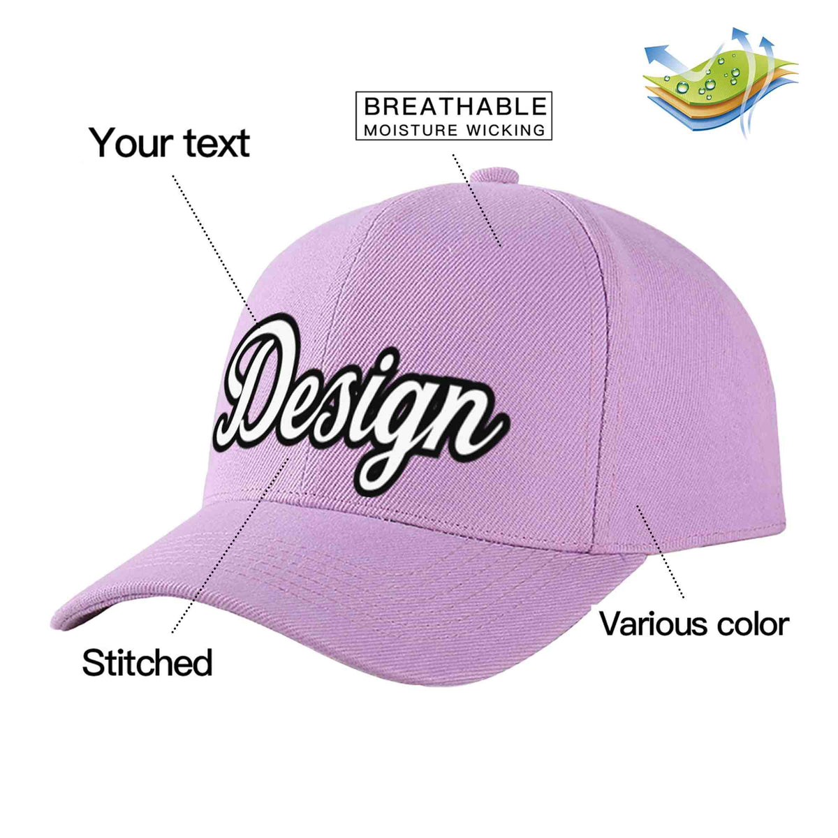 Custom Light Purple White-Black Curved Eaves Sport Design Baseball Cap