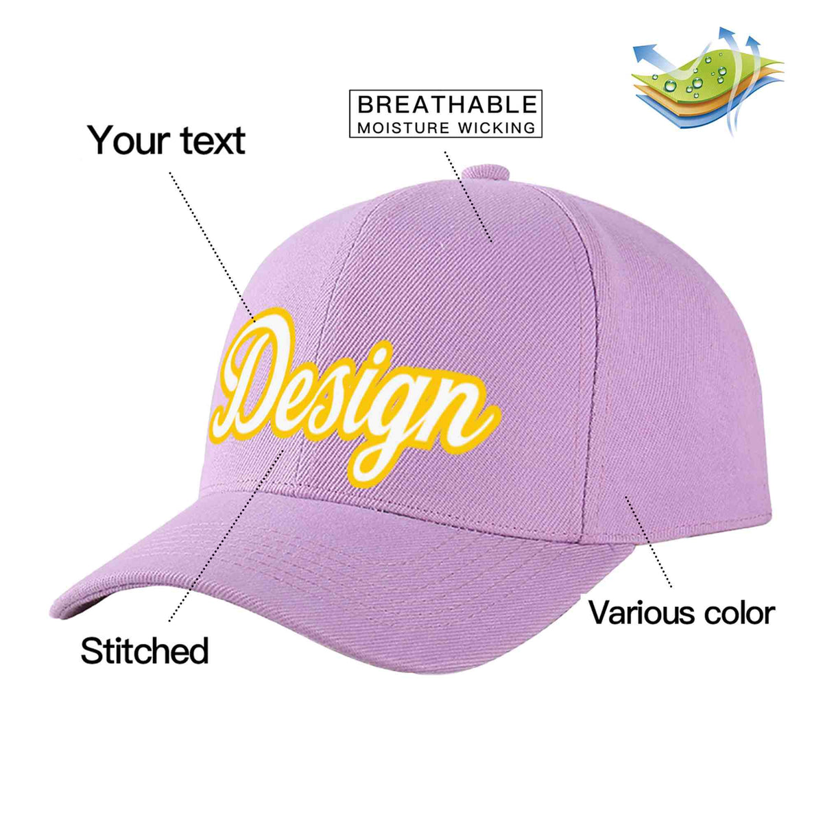 Custom Light Purple White-Gold Curved Eaves Sport Design Baseball Cap
